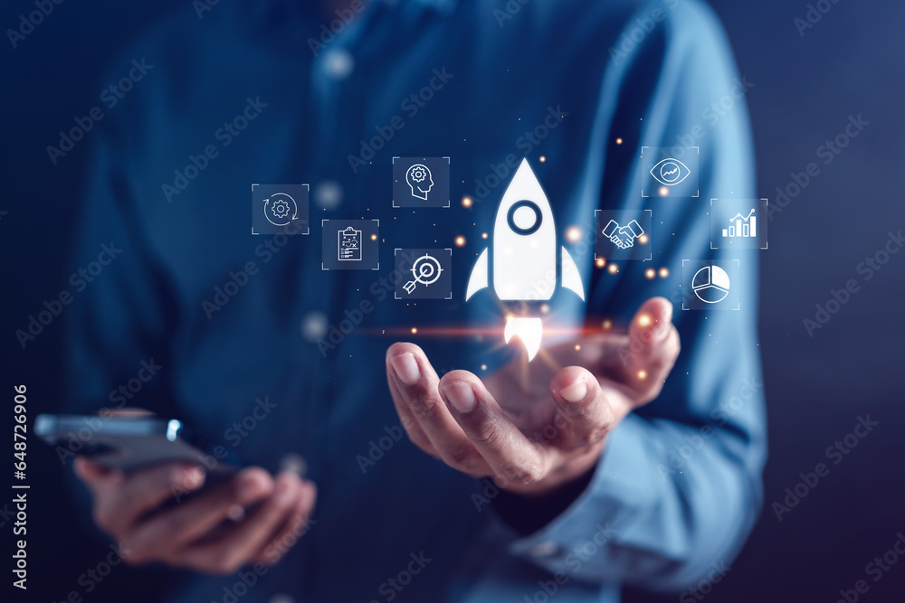 Aufkleber start up business growth aiming to success with rocket launch icon, planning development leadership 