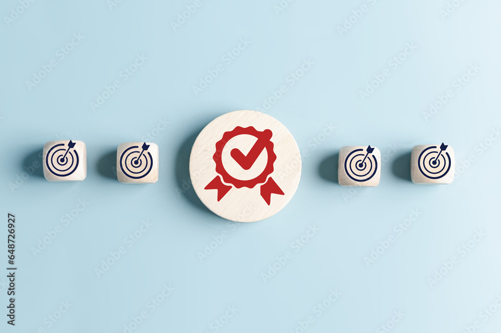 Aufkleber Quality Certificate and Checklist document analyst target marketing planning assignment with quality management. Standardization, certification. Compliance to regulations service and standards.