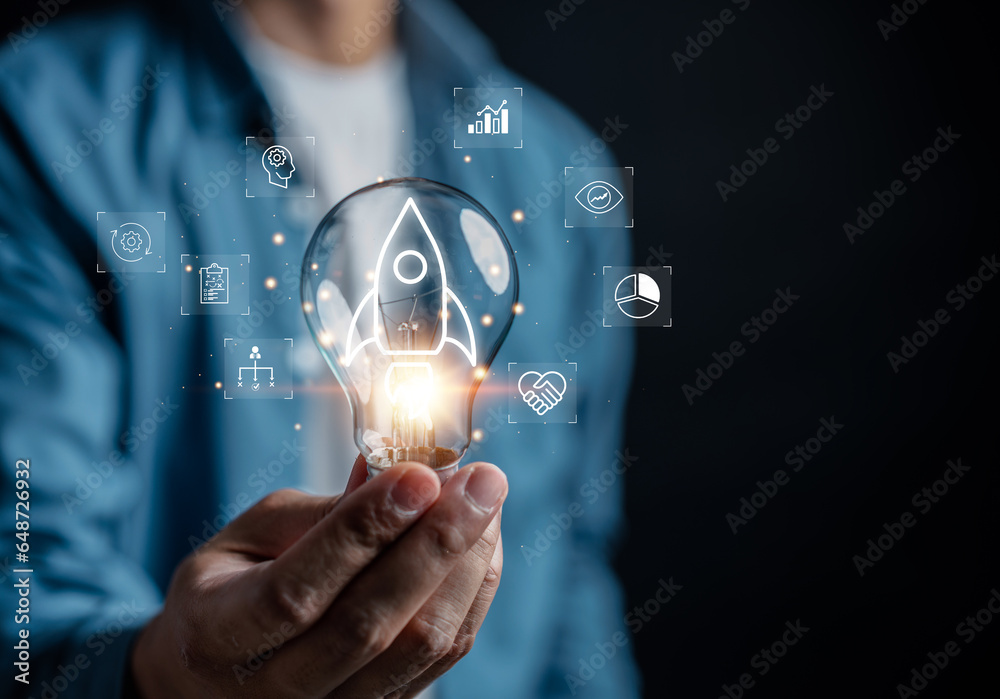 Poster Start up with Business idea creation, growth aiming to success with rocket launch icon, planning development leadership and customer target group concept.