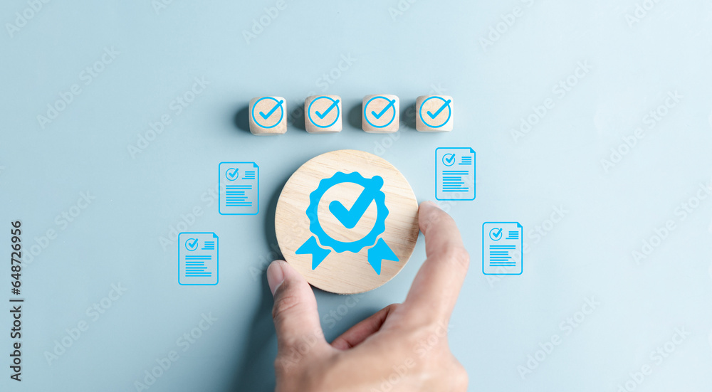 Aufkleber Quality Certificate and Checklist document analyst target marketing planning assignment with quality management. Standardization, certification. Compliance to regulations service and standards.