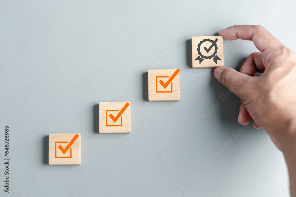 Aufkleber Step to Quality Standard approved Assurance or QA and Quality Control or QC and improvement. Standardization. certification. Compliance to regulations service and standards...