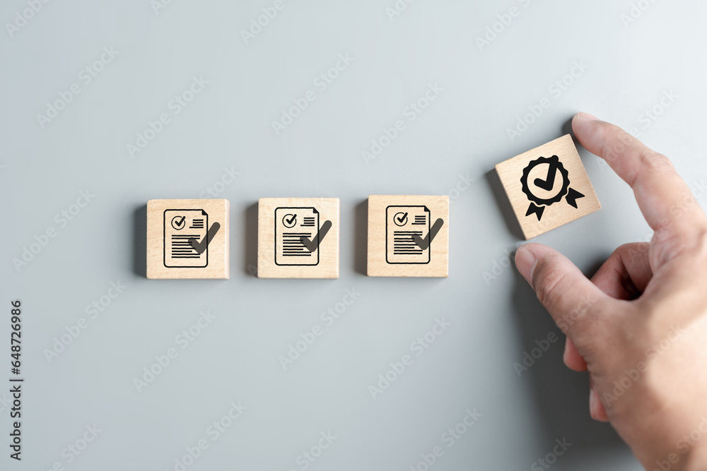 Aufkleber Quality Certificate and Checklist document analyst target marketing planning assignment with quality management. Standardization, certification. Compliance to regulations service and standards.