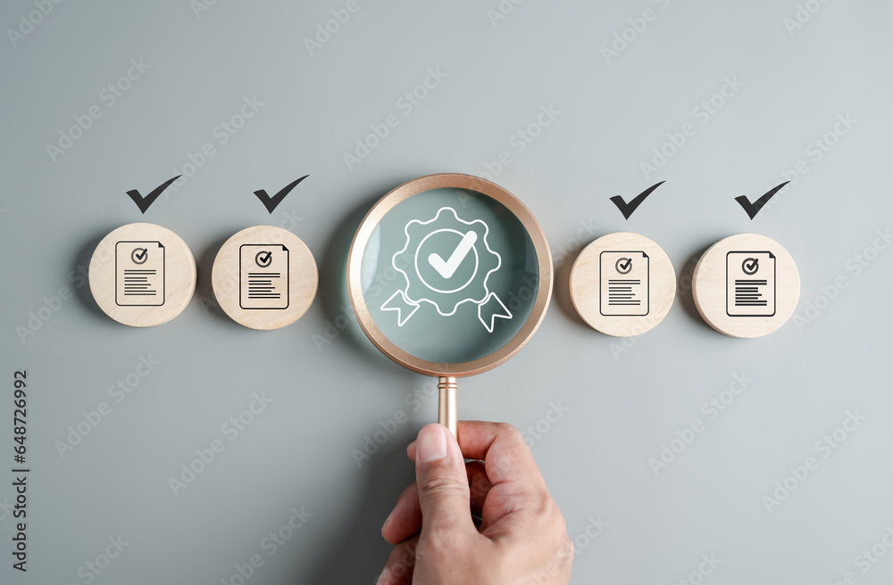 Fototapete Quality Certificate and Checklist document analyst target marketing planning assignment with quality management. Standardization, certification. Compliance to regulations service and standards.