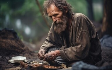 portrait of a homeless man wandering the street, depressed, sick and lonely, documentary concept of homelessness and poverty, social problems in the world.