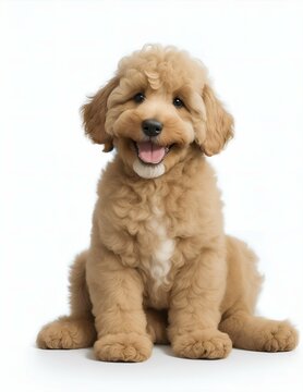 smiling mini golden doodle sitting on white background illustration
