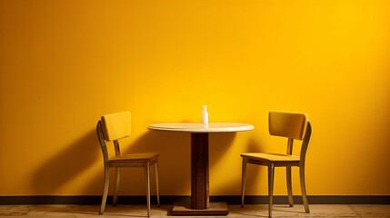 Restaurant Table with Two Chairs, Captured with Award-Winning Realism, Set Against a Plain Yellow Wall, An Empty Table Awaits.