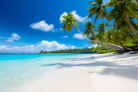  tropical beach with crystal clear waters, white sands, and lush green palm trees under a bright blue sky. The overall mood of the image is serene and inviting, typical of an idyllic vacation destinat