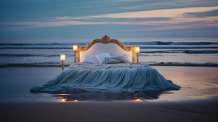 Fototapeta na wymiar Beachside Slumber, A Ready Bed on the Shore, Under a Cloudy Sky.