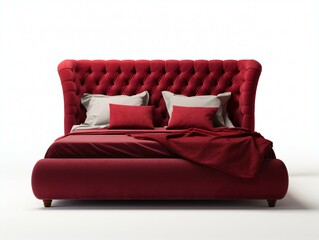 Maroon Bed, Isolated on a White Background.