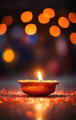 Happy Diwali. Traditional Hindu holiday. burning candles and flowers Diya. Religious holiday of light.