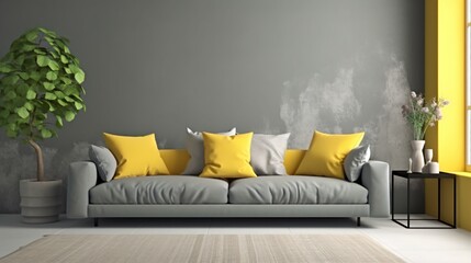Grey Couch with Pillows Near a Vibrant Colored Wall.