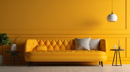 Mustard Couch with Pillows Near a Vibrant Colored Wall.