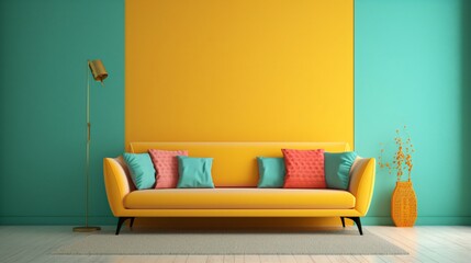 Bright Yallow Couch with Pillows Near a Vibrant Colored Wall.