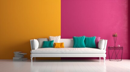 Bright white Couch by a Colorful Wall.