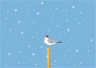 雪の結晶が降る中、杭に止まるサンタの帽子をかぶったカモメのイラスト