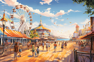 beachside amusement park with a Ferris wheel, tents, and people enjoying the sunny day near the ocean. A large Ferris wheel with multicolored cabins is one of the prominent features in the scene
