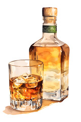 ウィスキーのボトルとグラス　水彩イラスト