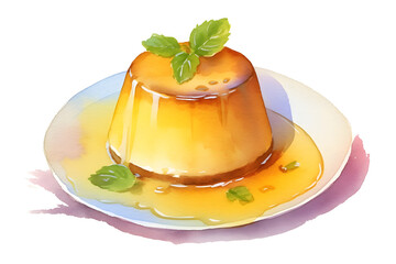 器に盛られたプリンの水彩イラスト
