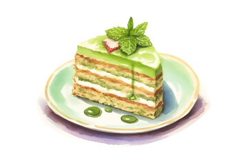 抹茶スポンジケーキの水彩イラスト