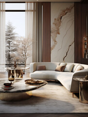 a living room with marble panels, gold furniture and a coffee table