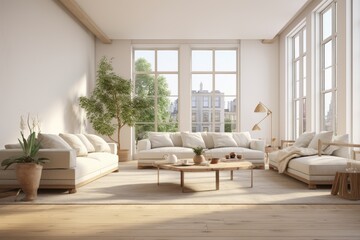 Spacious neutral open concept traditional Scandinavian modern farmhouse living room interior with plants art and warm cozy furniture