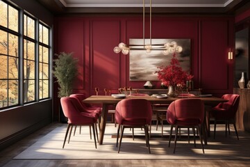 Beautiful luxurious burgundy dining room art decor glamour interior with large art and accent chairs monochromatic designer furniture