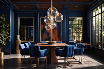Beautiful gatsby glamour kitchen dining room interior with dark navy royal blue and gold brass lighting fixtures with art and modern furniture