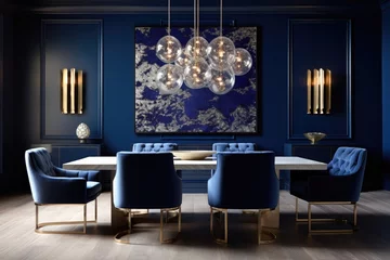 Foto op Plexiglas Beautiful gatsby glamour kitchen dining room interior with dark navy royal blue and gold brass lighting fixtures with art and modern furniture © Christian