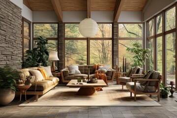 Spacious art suite living room sun room interior with floor to ceiling windows earthy organic mid century modern interior with nature views and styled chic boho furniture and light fixture - obrazy, fototapety, plakaty