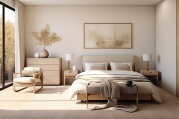 Zen organic calm japandi mid century modern minimal bedroom interior with wood designer furniture and art and white soft bedding