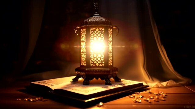 Islamic lantern lamp shiny on the dark,  above on book video arabian religion concept