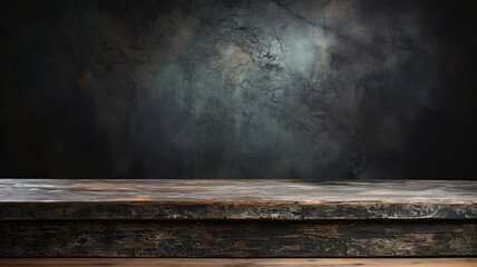 Close-up of a front view of a table constructed from weathered concrete, intended for product placement, with a dark, blurry concrete background.
