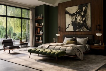 Moody cozy elegant gentleman bachelor pad art suite studio loft primary bedroom with green and wood accents and zen designer furniture and art 
