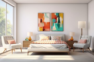 Colorful playful luxurious contemporary modern bedroom interior with abstract art and stylish fun chic styled furniture