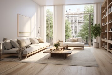 Fototapeta premium Serenity Retreat in Living Room Interior with Large Library Wall with Books and Home Decor. City Views Through Large Modern Windows in City