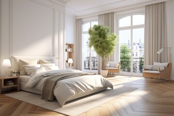Luxury Oasis with French Flair in Modern Bedroom Interior with Minimal Home Design and Blank Wall Above Bed. Indoor Tree with City Views