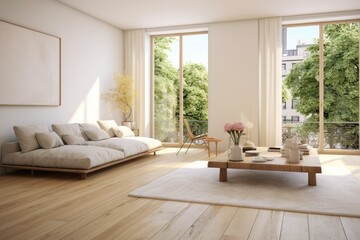Relaxing Zen Living Room Interior with Daybed and Natural Wood Furniture in Summer with City Views