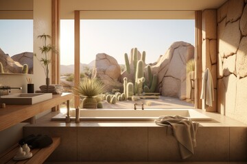 Desert Modern Luxury Bathroom Interior with Rock Walls and White Soaking Tub with Desert Boulder Views