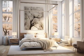 Serenity Retreat White Bedroom Interior with High Ceilings and Cozy Throw Blanket Draped on Bed and Rectangular White Area Rug