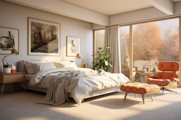 Comfortable Staged Hotel Bedroom Interior with White Bedding and Orange Leather Accent Chair with Footrest and Fall Foliage Views Through Sweeping Wall to Wall Windows