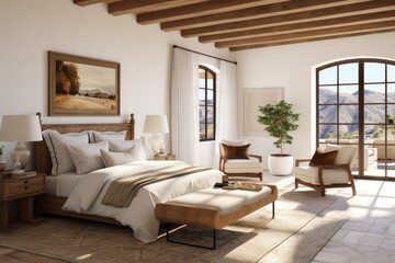 Fototapeta na wymiar Luxurious Living Spanish Modern Bedroom Suite Interior with Arch Door Frame and Exposed Wood Beams on White Walls