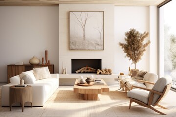Family Room Interior with Logs in Fireplace and Modern Furniture. White Couch with Wood Console Table and Home Decor Styled on Top