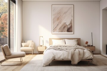 Light Beige and Clean Primary Bedroom Interior with White Comforter and Cozy Pillows