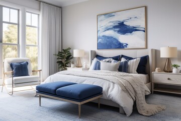 Cozy Interior Bedroom Design of Suite with Blue and White Color Palette and White Nightstands with Glass Table Lamps
