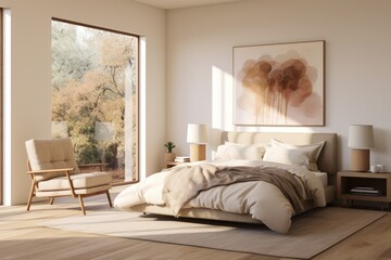 Autumn Apartment Bedroom Interior with Beige Aesthetic and Table Lamps on Night Tables and Large Modern Window