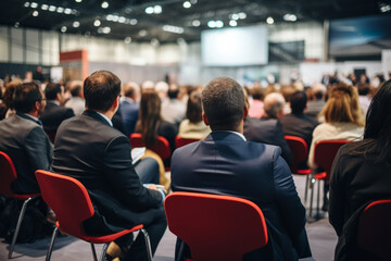 Fototapeta premium rear view of an audience in a conference hall listening to a business speaker
