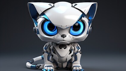 Portrait of white blue robot cat toy on dark background.