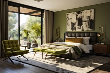 Decorative Residential Home Interior Design with Leather Black Bed Frame and Abstract Artwork. Moss Green Accent Chair with Palm Trees Outside Patio