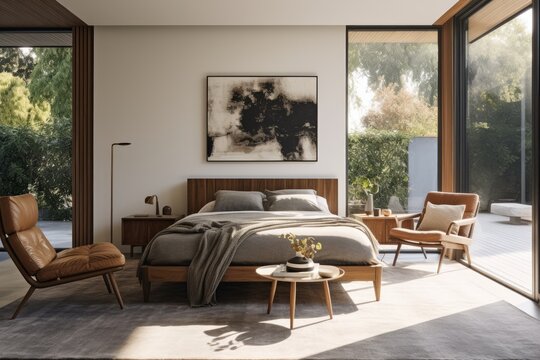 Spacious Summer Modern Primary Bedroom Interior with King Wood Bed Frame and Leather Accent Lounge Chairs and Expansive Windows