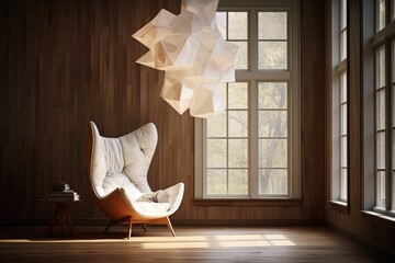 Fototapeta na wymiar Modern Geometric Paper Pendant Light with White Sustainable Accent Chair with Wood Base and Copy Space